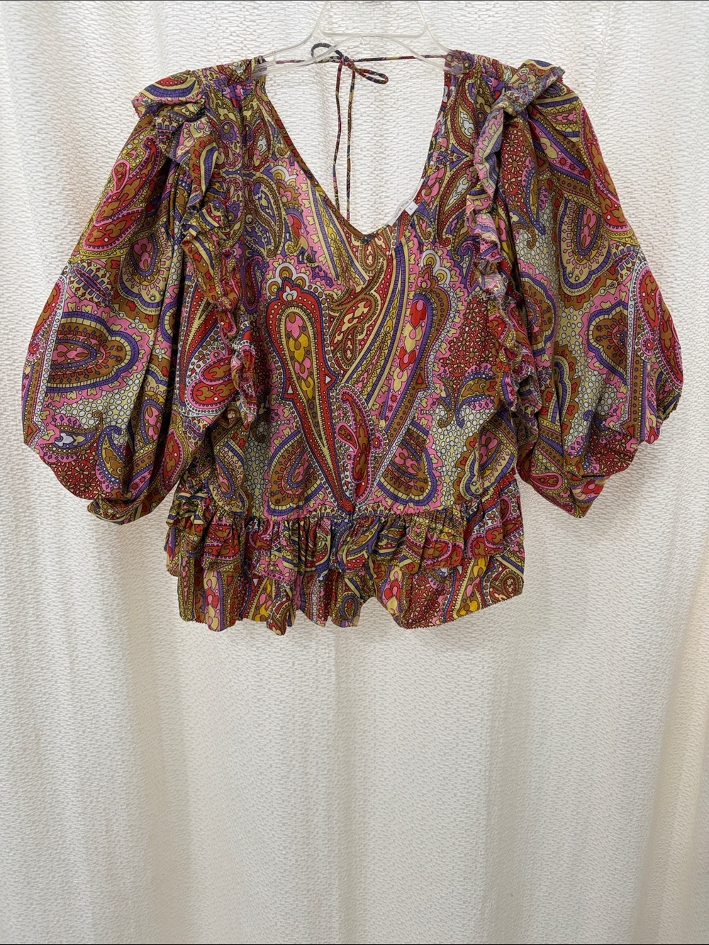 Boho Paisley Double Ruffle Peplum Blouse - Pink/Gold Multi